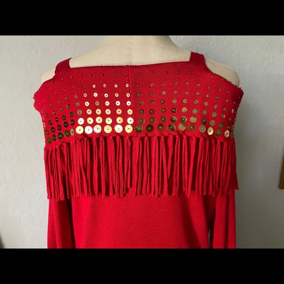 Berek Red Sweater Gold Beads Shawl Collar Fill Zip - Picture 6 of 11